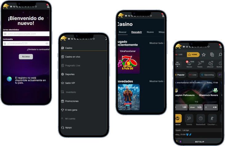 Bull Casino versión móvil con acceso, menú, juegos y apuestas